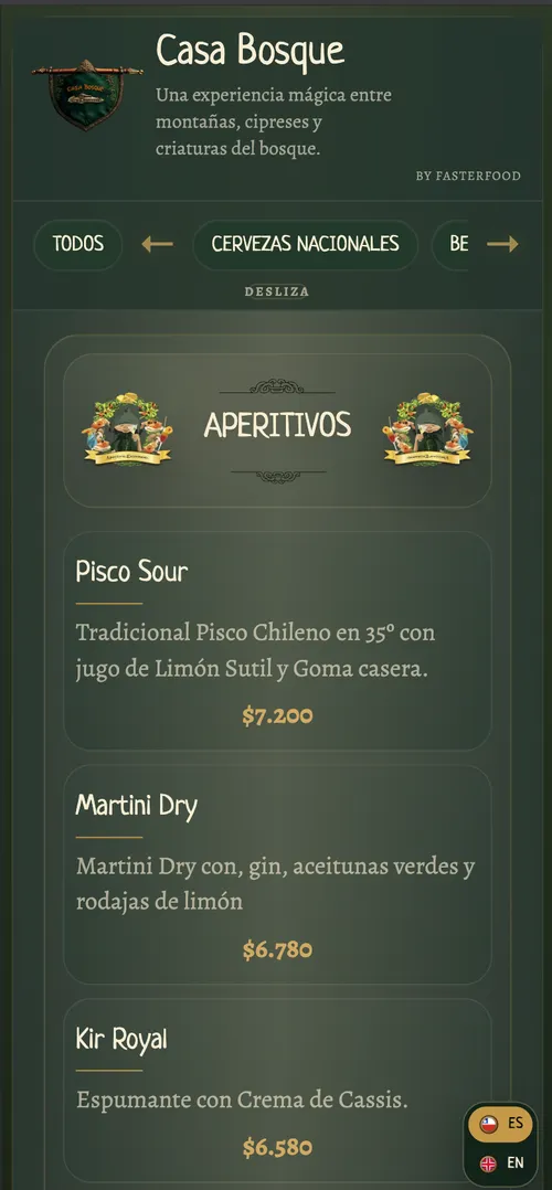 Carta digital real de Casa Bosque creada con Faster Food: identidad propia, categorías y precios en pantalla